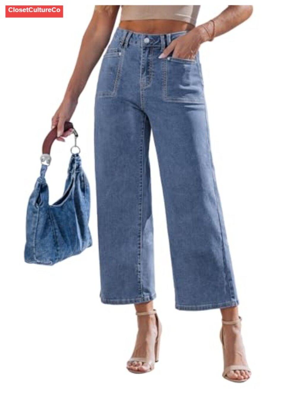 Wide Leg Cropped High Waisted Jeans Stretchy Denim Pants